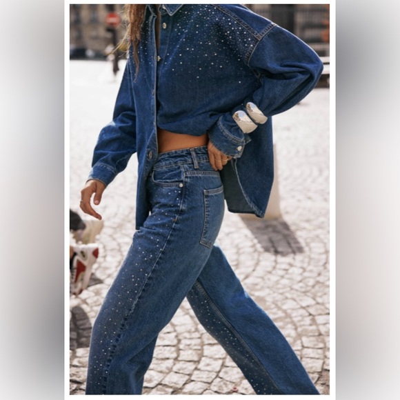 Zara Jackets & Blazers - Zara Dark Blue Wash Denim Button-Up Blouse | Rhinestones |  New | Small